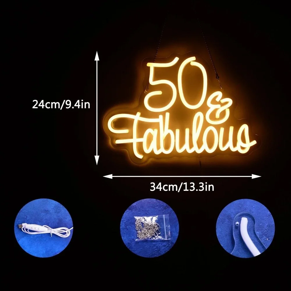 Wutrnjd 50 & Fabulous Neon Sign Warm White LED 50th Birthday Party Decor USB
